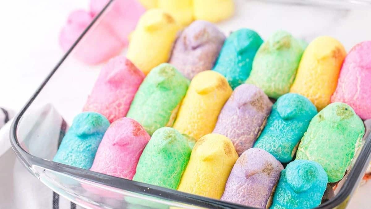 Peeps Smores dip in a clear baking dish. 