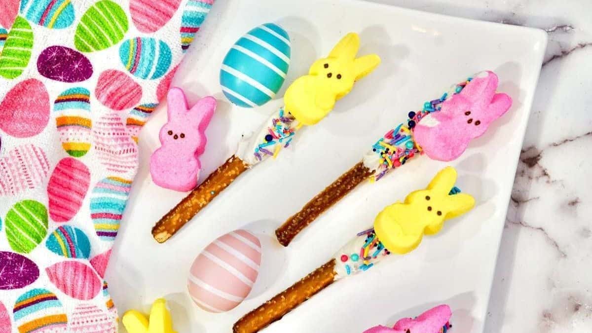 Top shot of a plate with easter candy pretzels. 