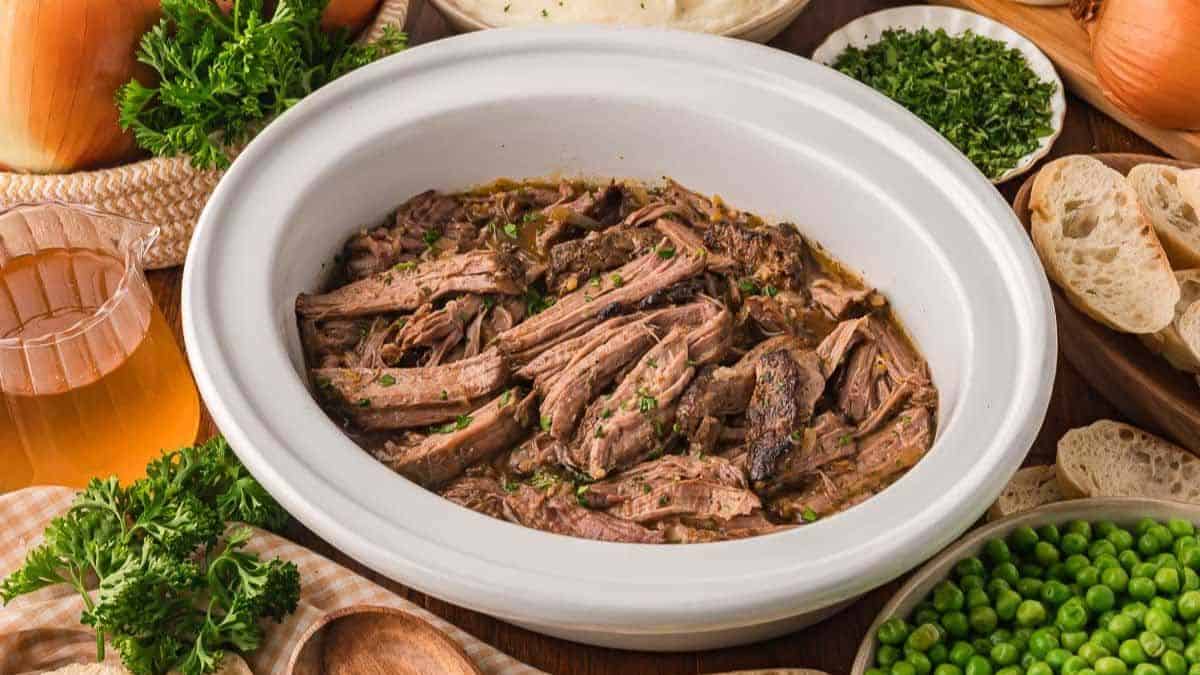 Shredded Beef cooked in a crockpot. 