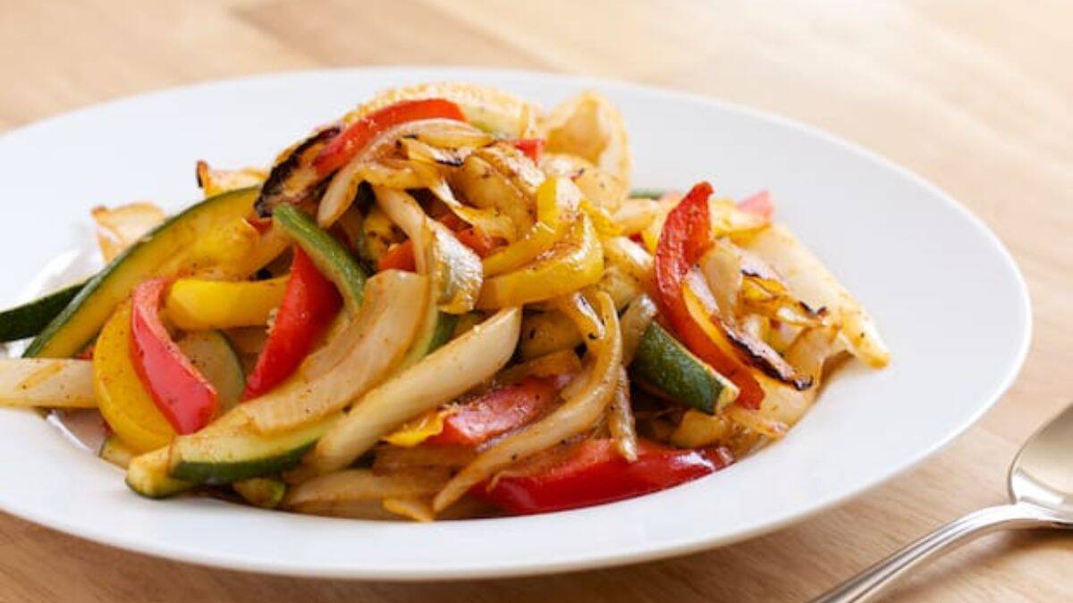 A close-up shot of a plate filled with Stir-Fried Vegetables. 