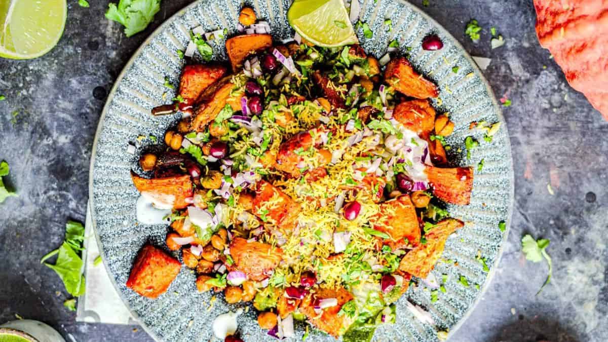 Topshot of a plateful of Sweet Potato Chaat.