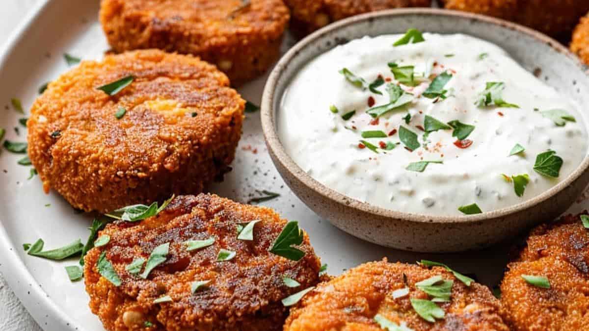 A close-up shot of a couple of Chickpea Patties and a dip. 