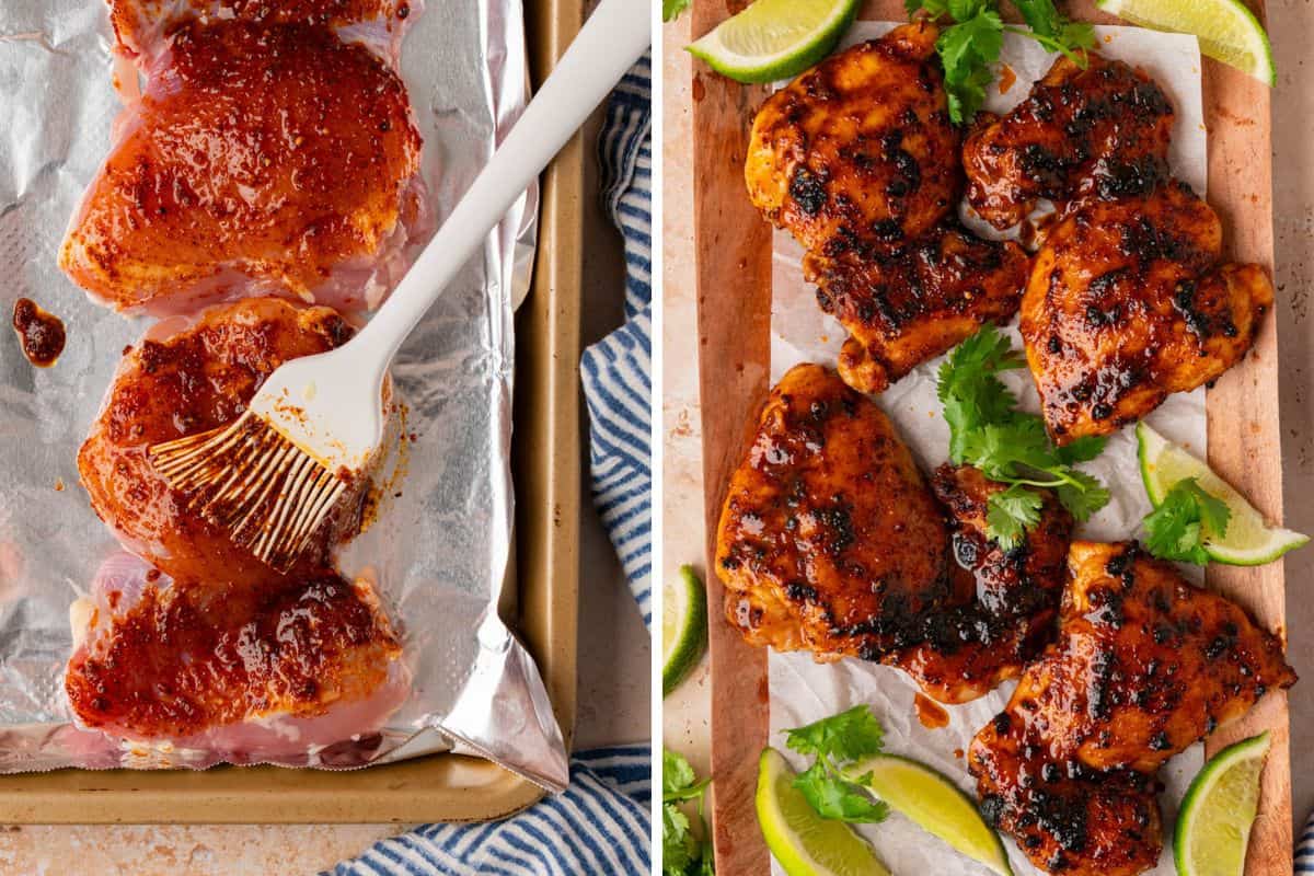 Process shots of brushing the extra spice mixture onto the chicken thighs.  And an overhead shot of the finished product.