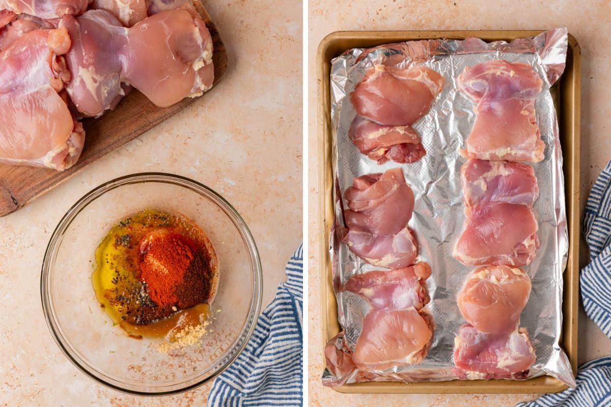 Overhead process shots of the spice rub mixture and the chicken thighs on the lined baking tray.