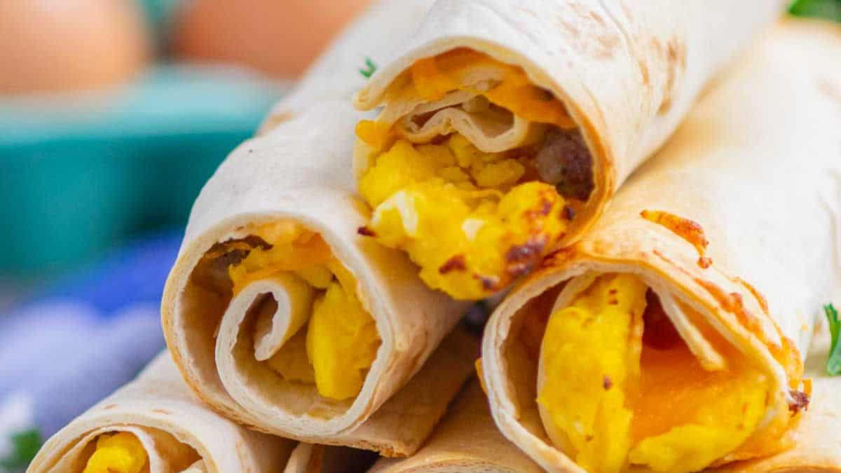 Close-up shot of a couple of pieces of breakfast taquitos.