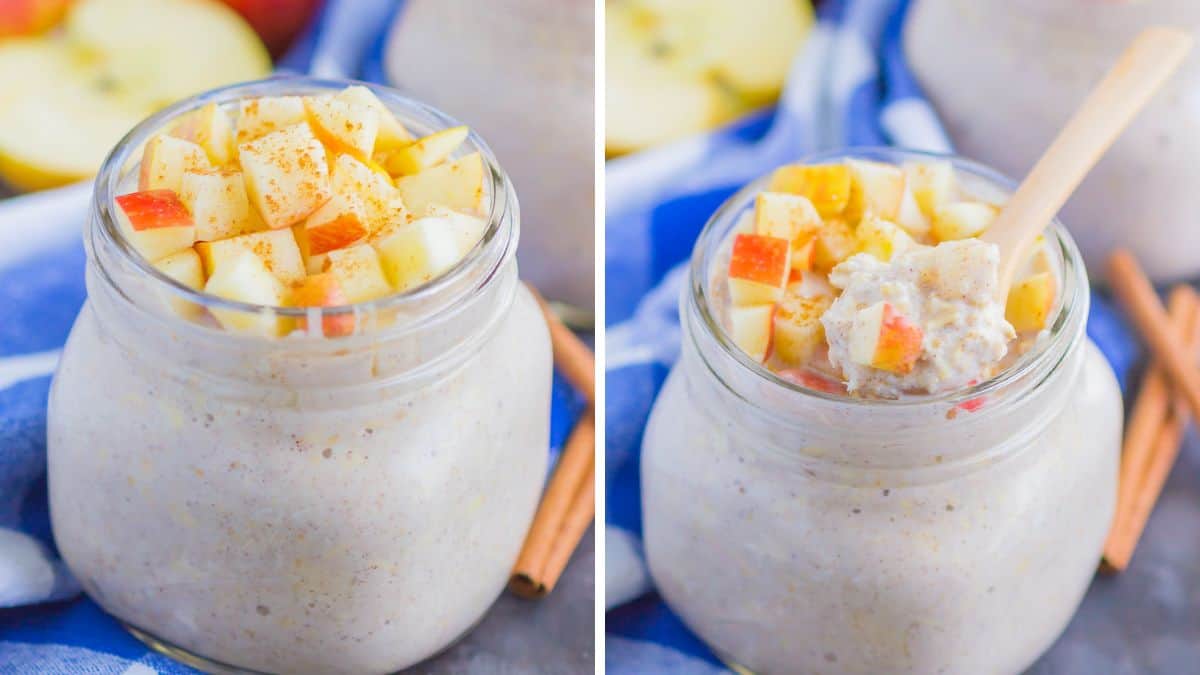 Apple pie overnight oats with apple chunks, cinnamon and oats in a jar.