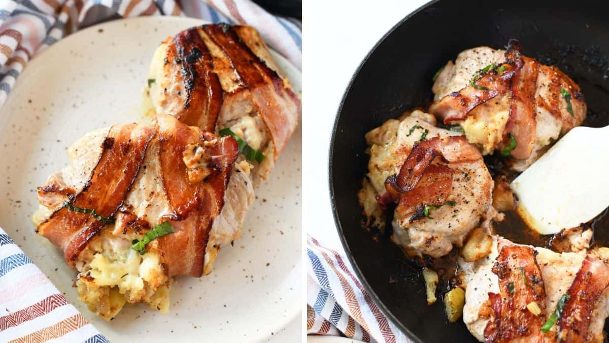 Pork chops stuffed with apple and herbs on a platter.