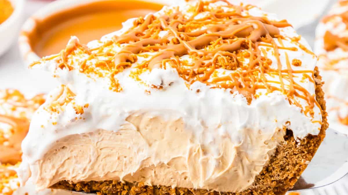 A slice of Biscoff cheesecake. 