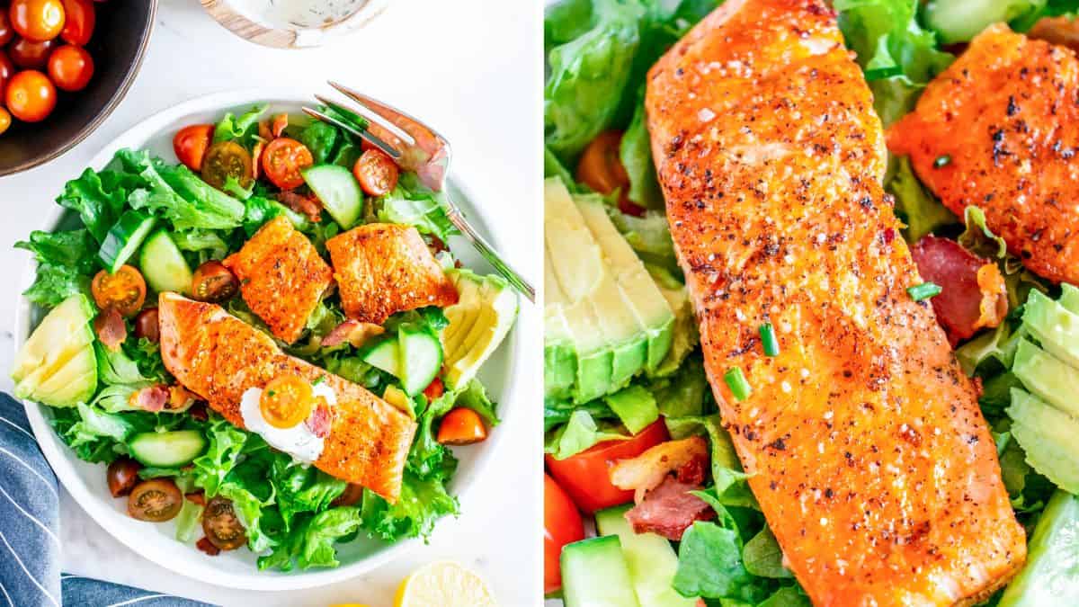 BLT salad topped with flaky salmon, bacon, lettuce and tomato.