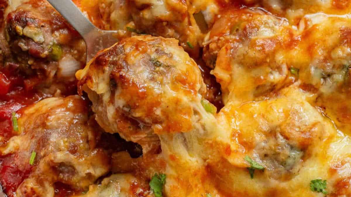 A close-up shot of Baked Mexican Meatballs. 