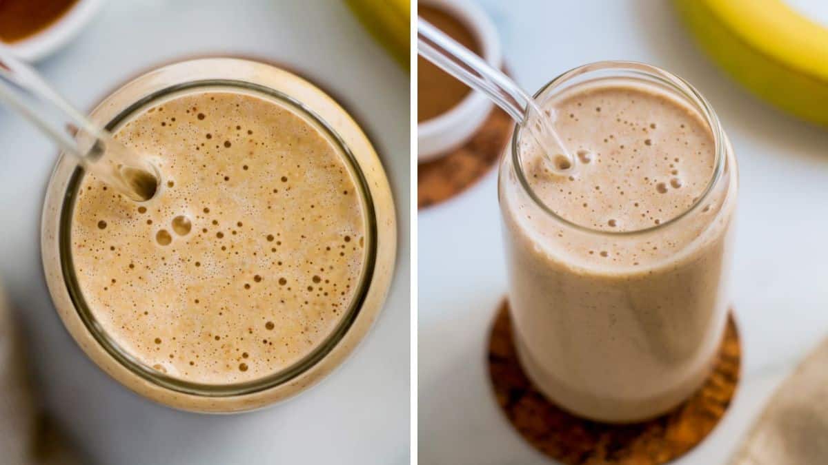 Banana almond butter smoothie in a glass.