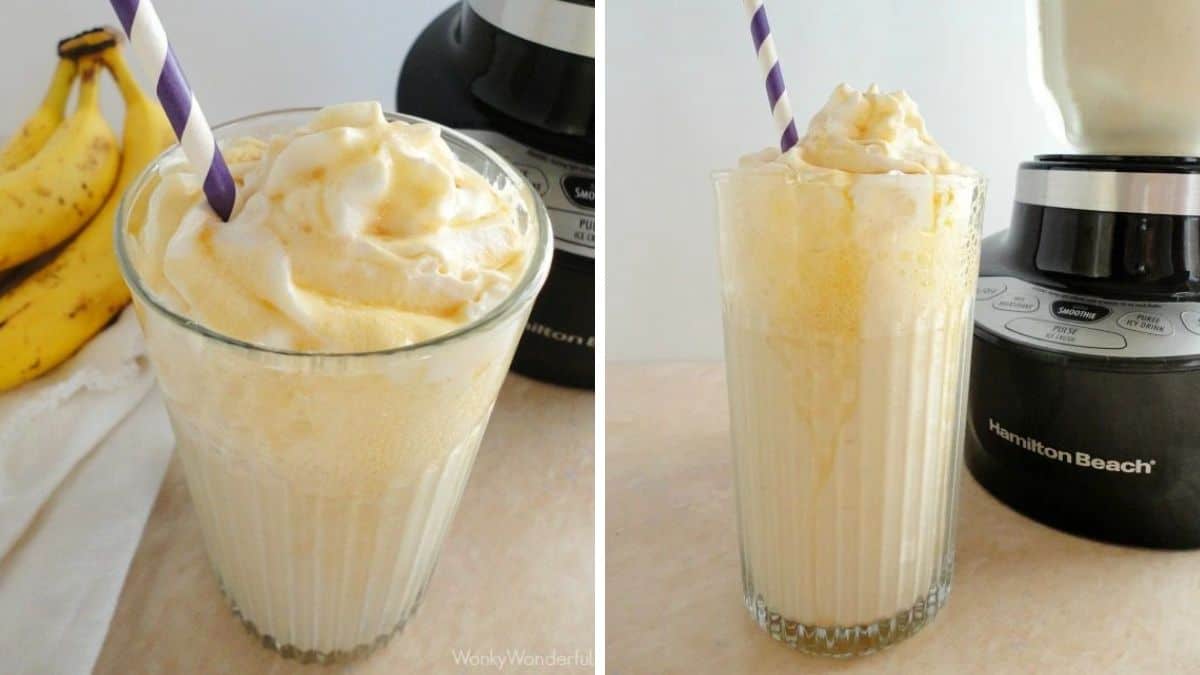 Dairy-free banana bread smoothie in a glass.