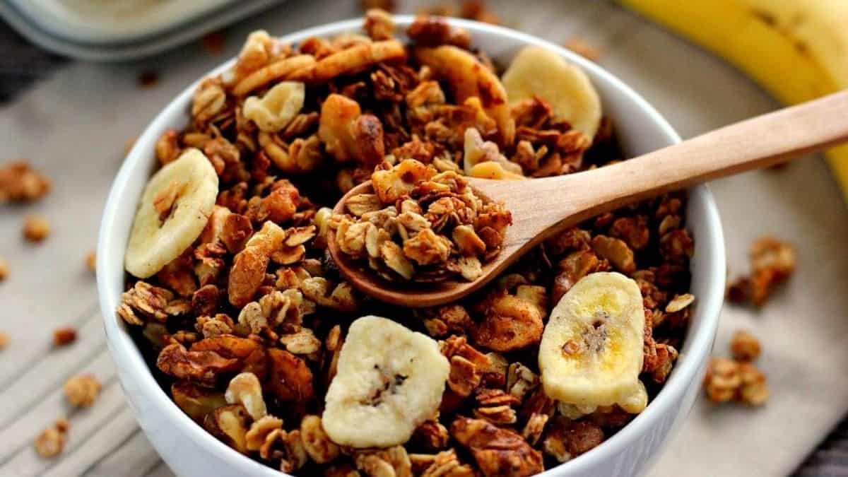 Homemade banana bread granola in a bowl.