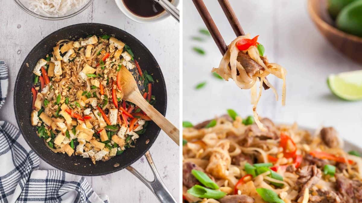 Beef pad thai with rice noodles, beef strips, peanuts and lime.