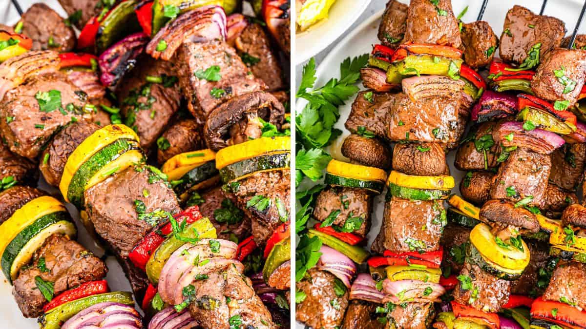 Beef steak kabobs with marinated steak chunks and grilled vegetables.