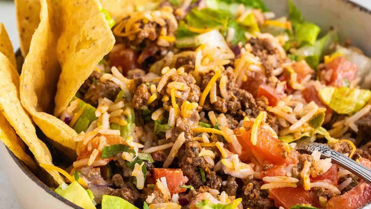 A close-up shot of Beef tacos on a bowl.