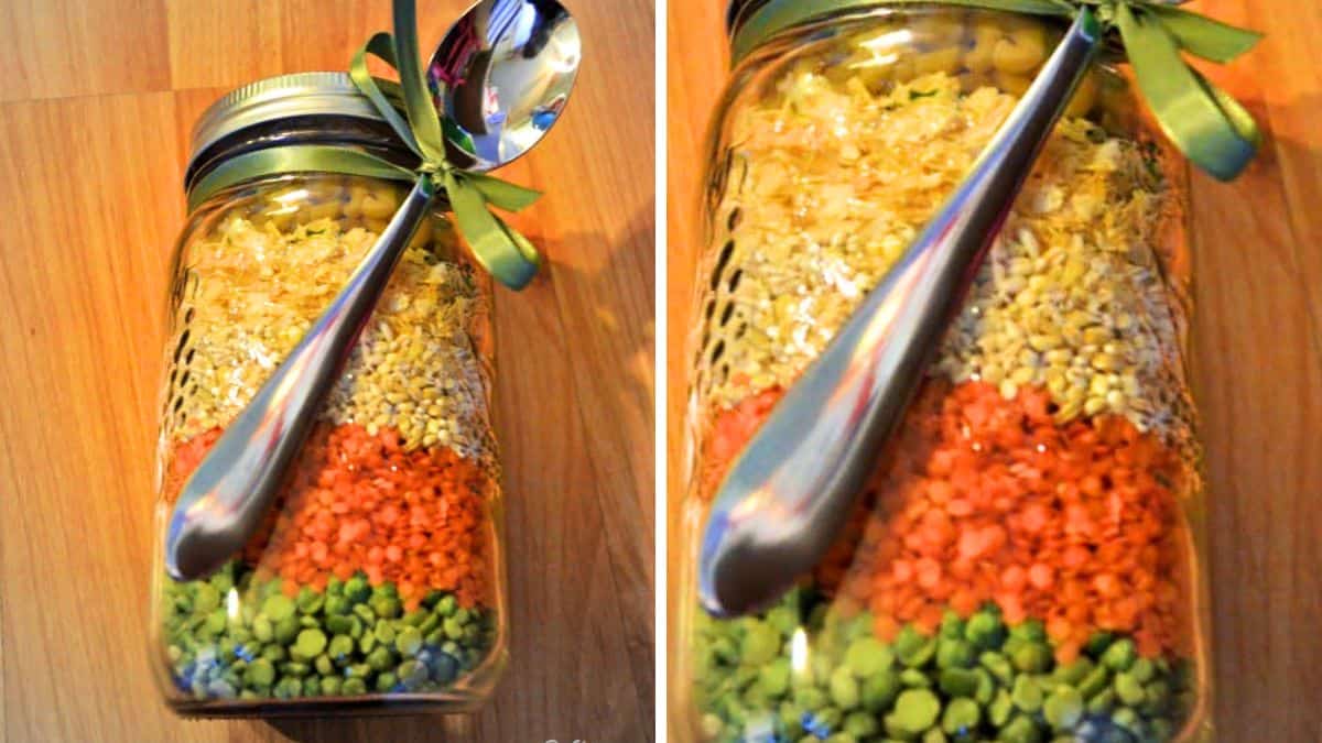 Mason jar layered with dry beans, split peas, and barley for beefy bean soup mix, tied with a green ribbon.