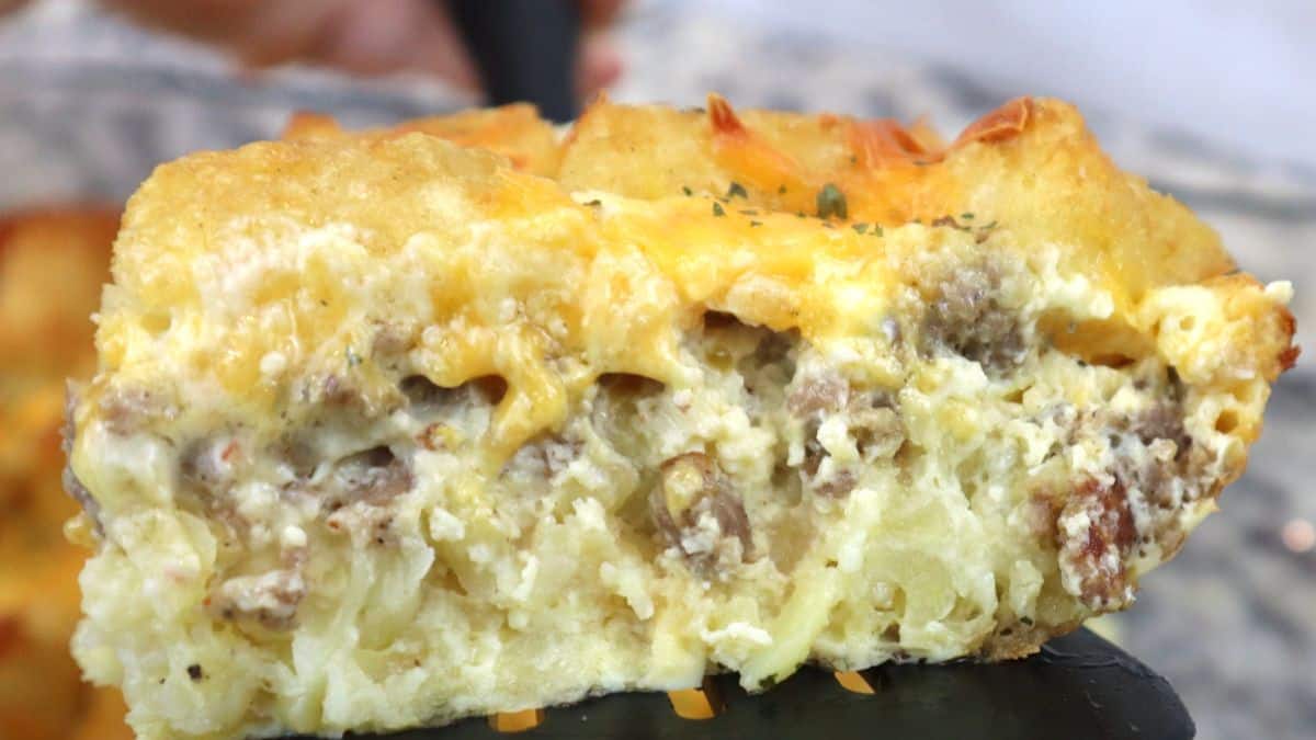 Close-up shot of a single serving of breakfast casserole