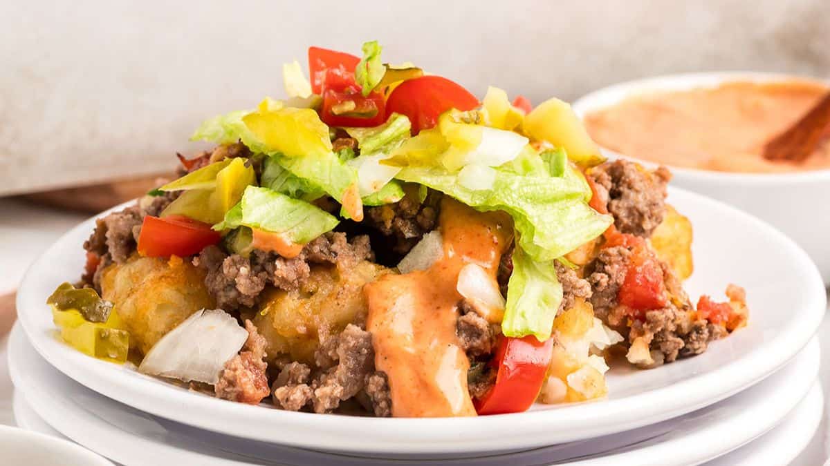 Big Mac tater tot casserole with seasoned beef, cheese, pickles and crispy tater tots.