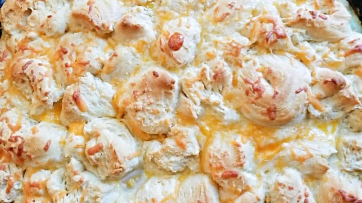 Close-up shot of Biscuits and Gravy Breakfast Skillet.