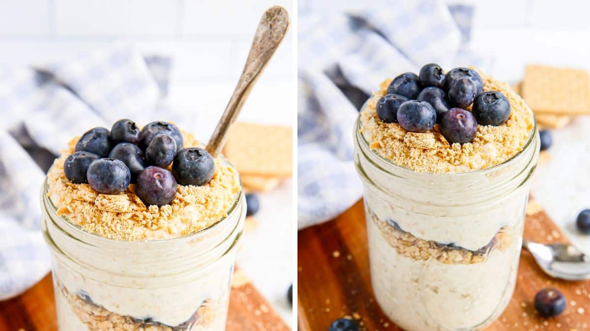 Jar of blueberry overnight oats topped with fresh blueberries and chia seeds.
