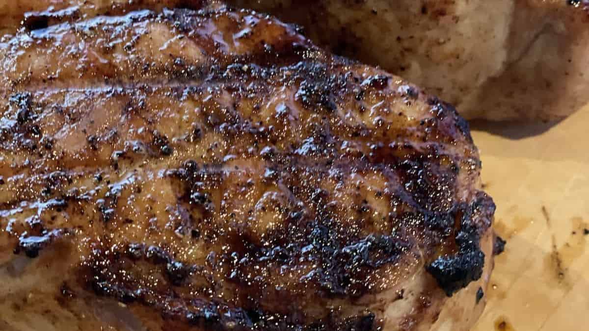 A close-up shot of seared porkchop.
