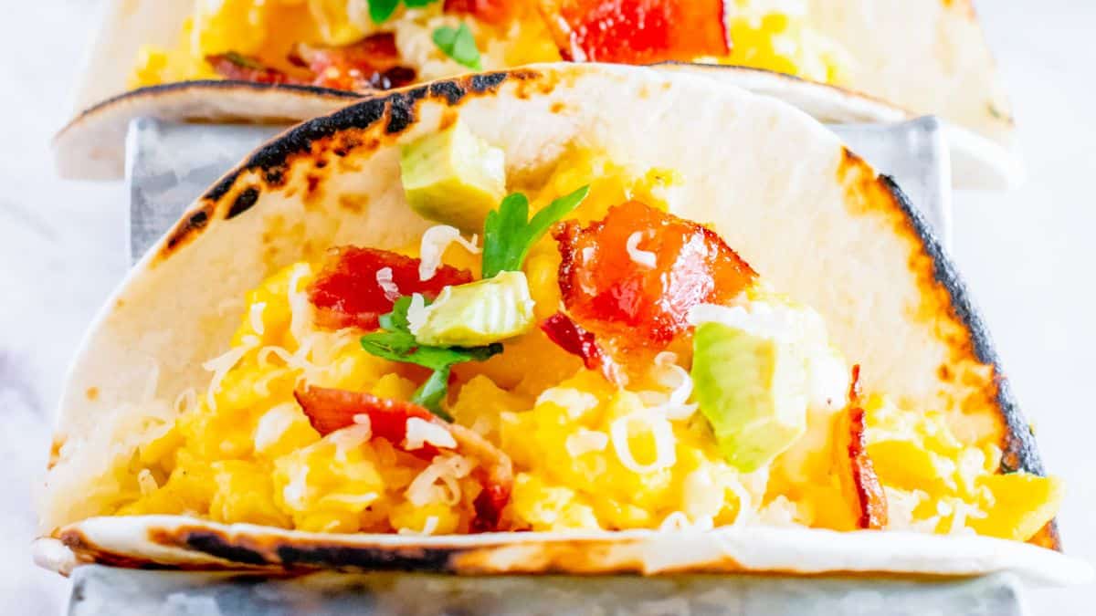 A close-up shot of a breakfast taco.