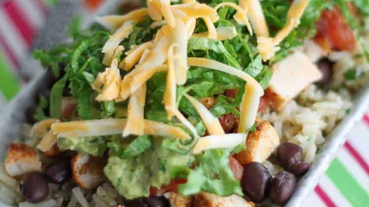A close-up shot of Chicken Burrito Rice Bowl. 