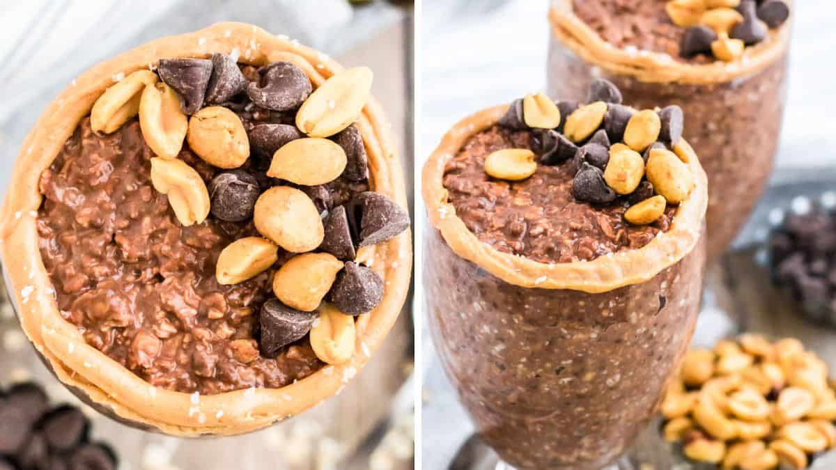 Chocolate peanut butter overnight oats in a glass jar with swirls of peanut butter.