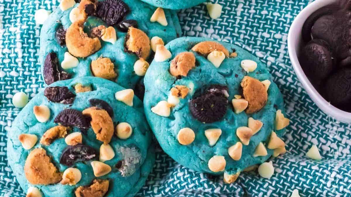 A close-up shot of cookie monster themed cookies.