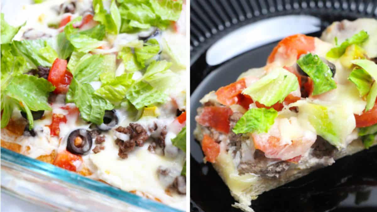 Taco pizza on a crescent roll crust with seasoned taco meat, cheese, lettuce and tomatoes.