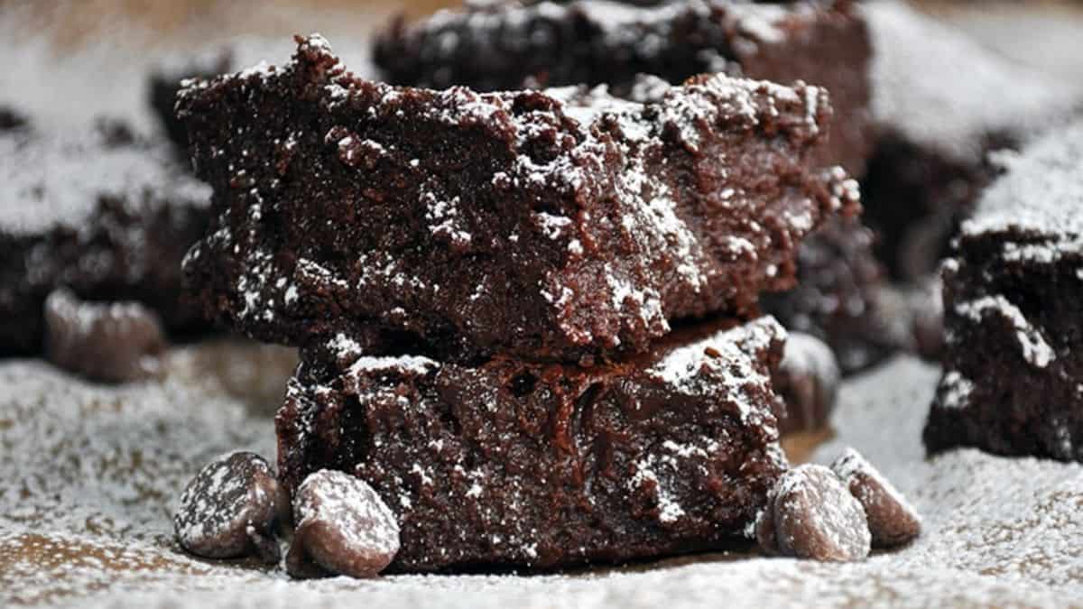 Close up shot of two tier stack of brownies