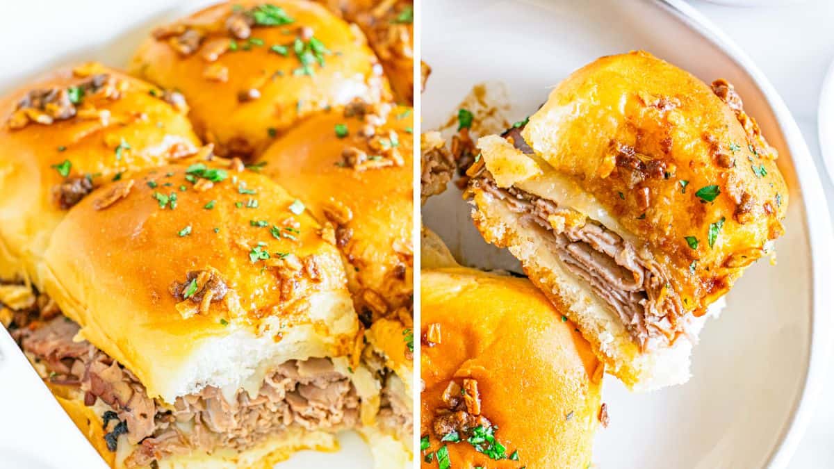 French dip sliders with thin roast beef on mini rolls served with au jus for dipping.