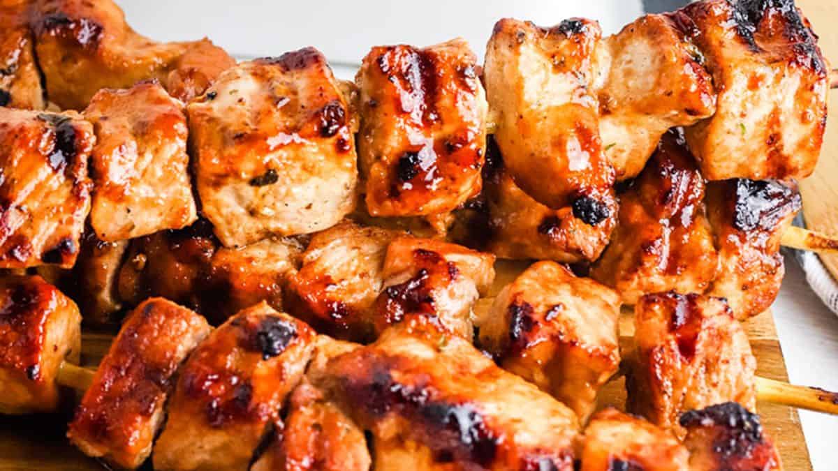 Asian glazed pork kabobs with juicy pork and a sweet savory sauce.