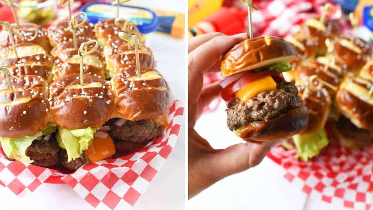 Grilled cheesy stuffed sliders with melted cheese oozing from toasted mini buns.