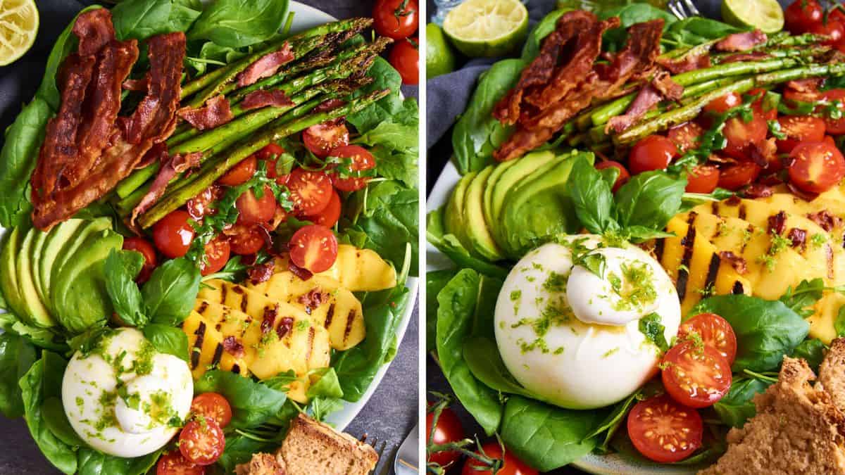 Grilled mango burrata salad with crispy bacon and fresh greens.