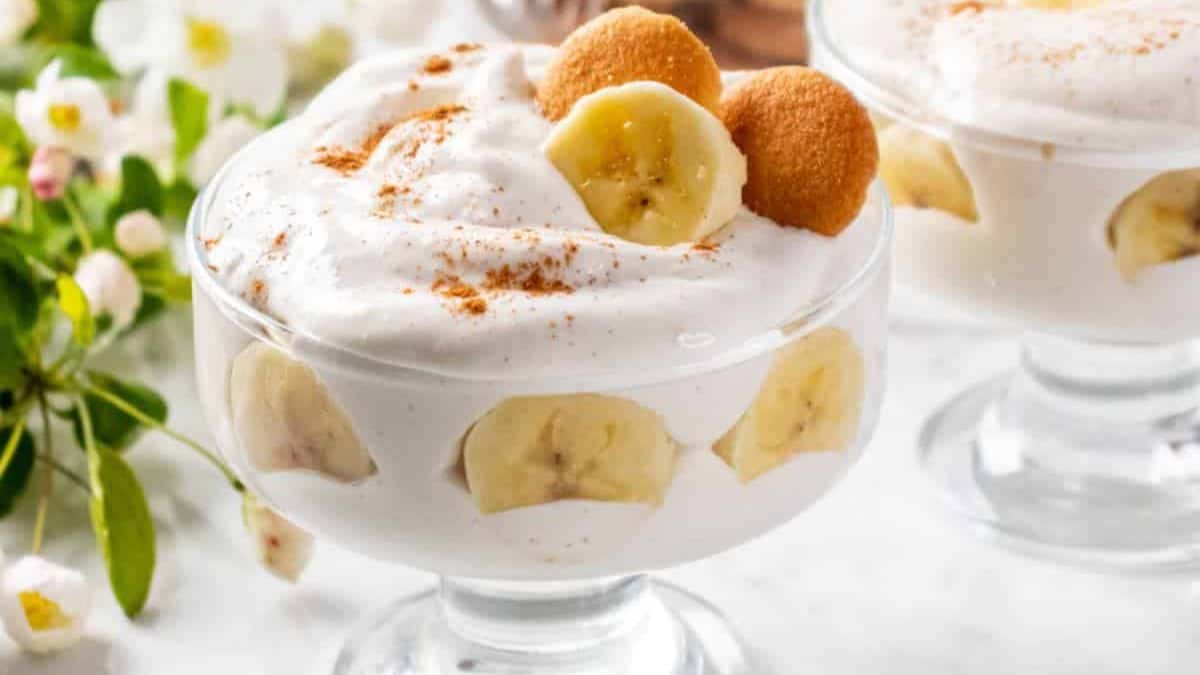 Creamy protein banana pudding in a dessert cup.