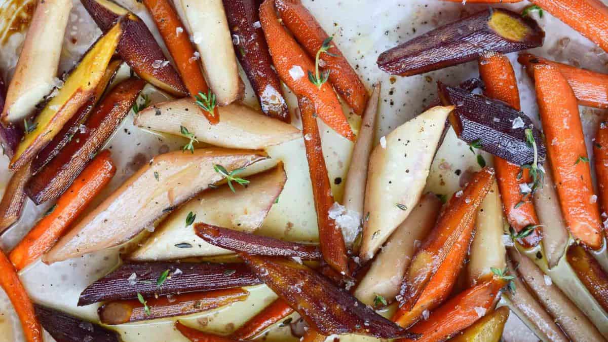 Close-up shot of candied carrots. 