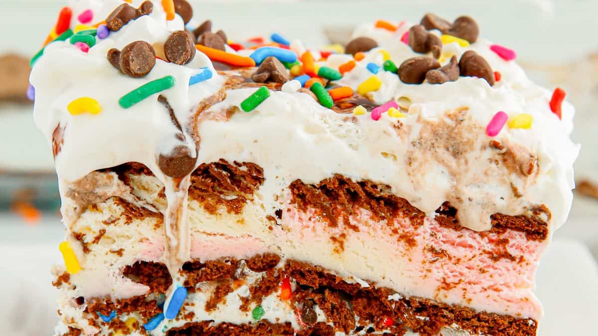 Close-up shot of a single slice of Ice Cream Cake, 