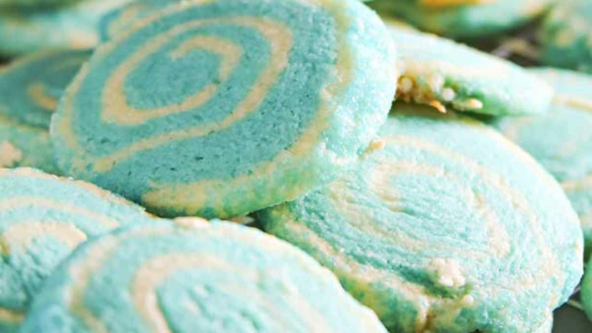 Close-up shot of blue pinwheel cookies