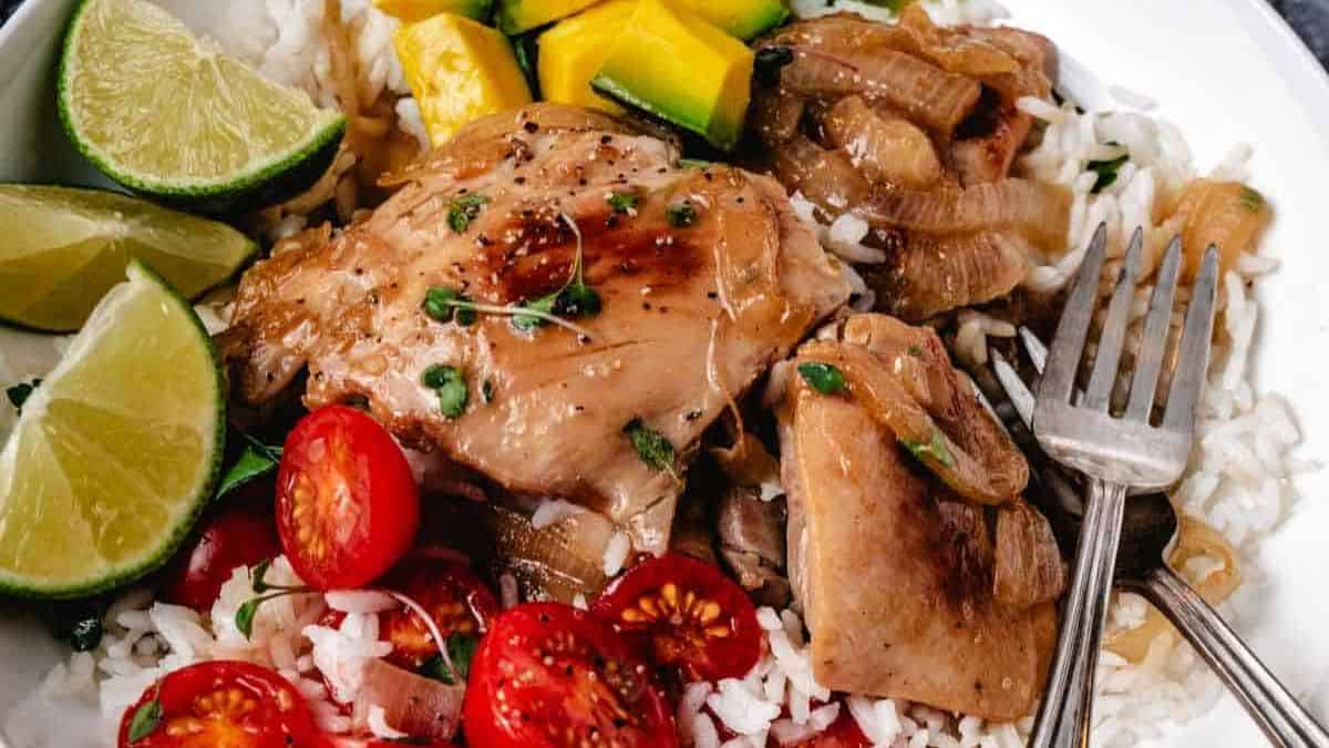 Key West sweet and old sour chicken with citrus glaze and herbs.