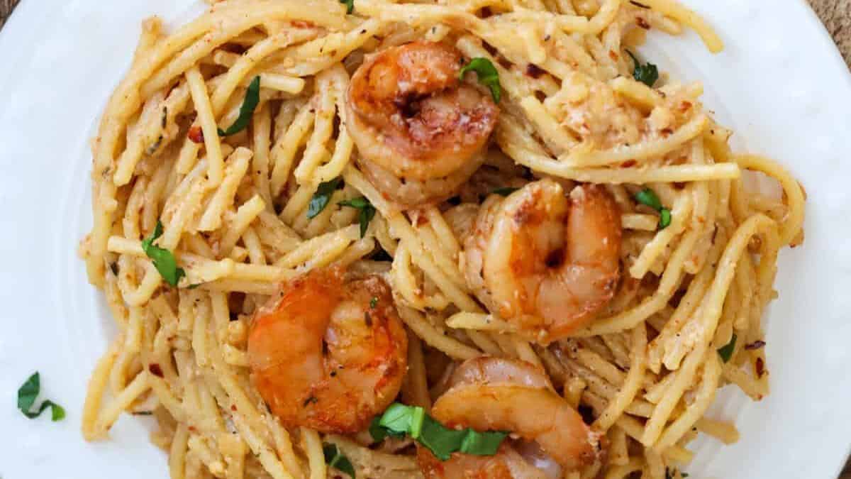 Lemon garlic pasta with shrimp, fresh parsley and lemon zest.