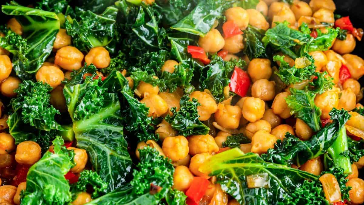 Close-up shot of lemon kale chickpeas salad. 