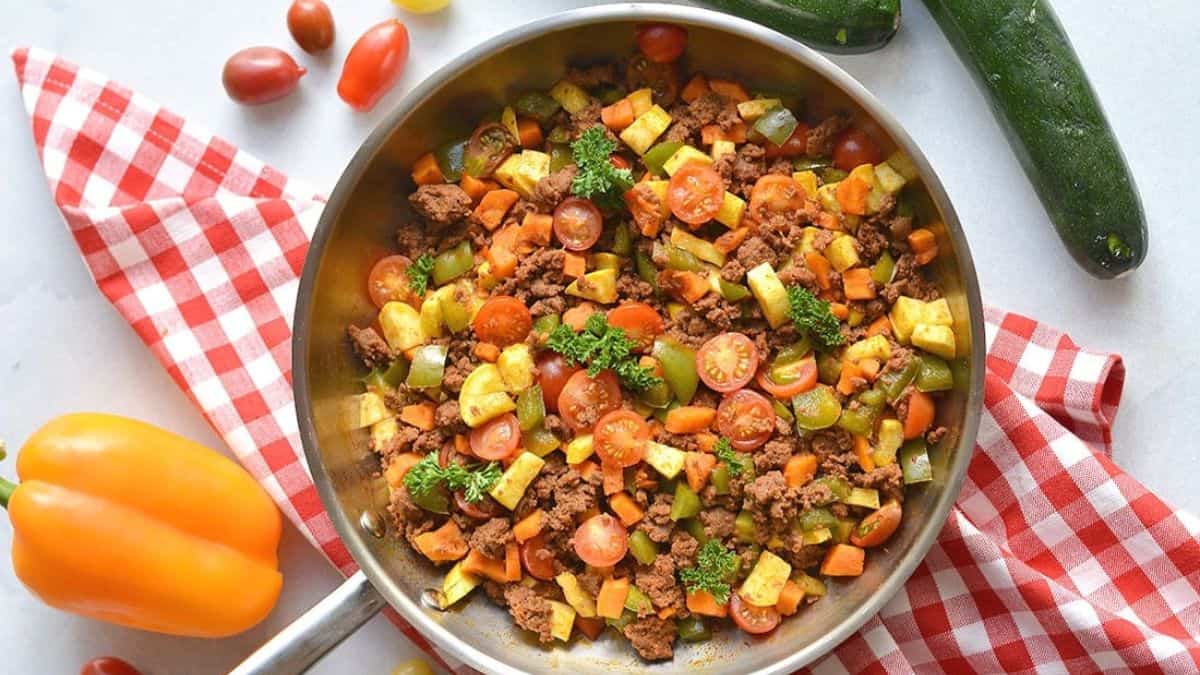 A pot filled with sweet potato breakfast hash. 