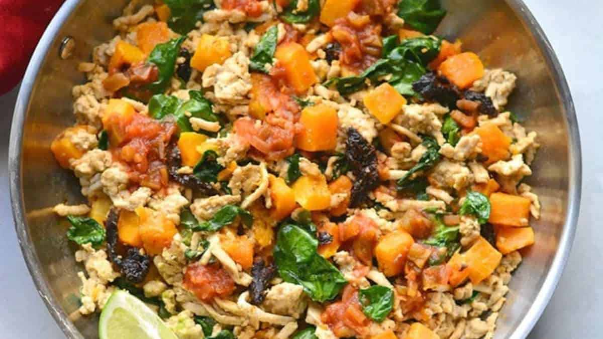 A close-up shot of a bowl of Mexican Breakfast Hash. 