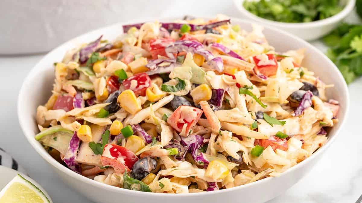 A bowl filled with Mexican coleslaw.