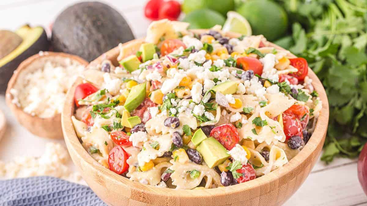 Mexican pasta Salad in a wooden bowl. 