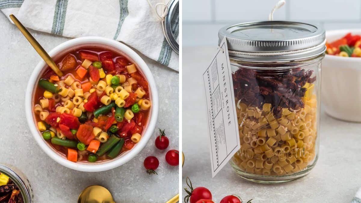 Jar of layered dried pasta, beans, and seasonings for minestrone soup mix with colorful ingredients.