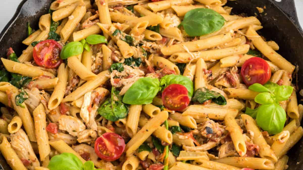 Close-up shot of Burrata Pasta in a skillet. 