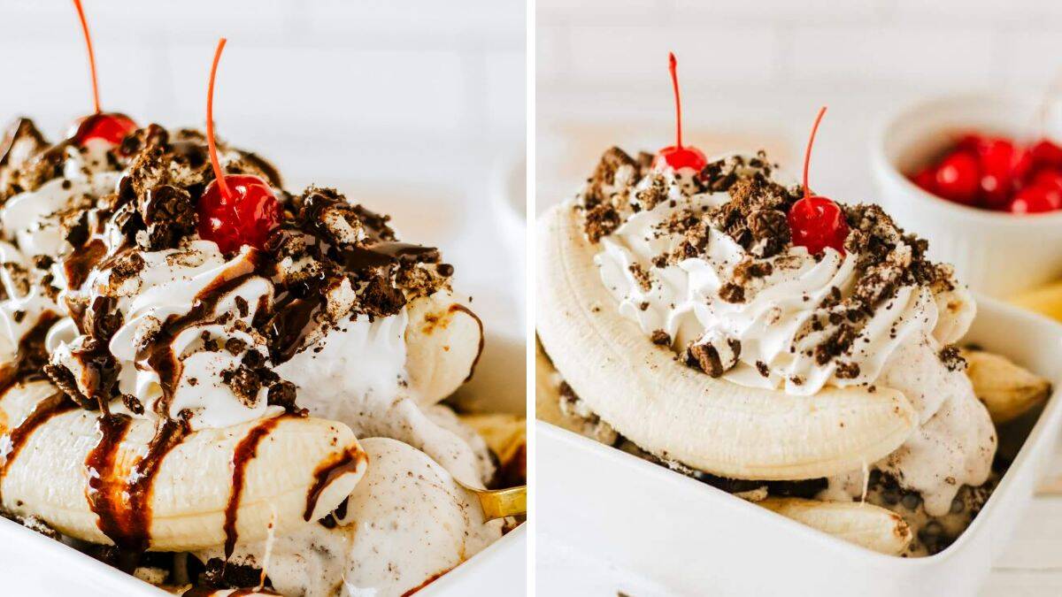 Oreo sundae banana split with ice cream and chocolate on a serving plate.
